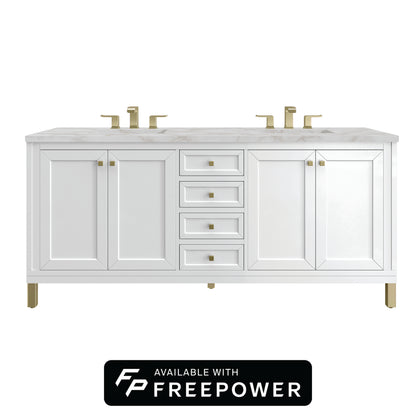 James Martin Vanities Chicago 72" Glossy White Double Vanity With 3cm Victorian Silver Silestone Top With FreePower Wireless Charger