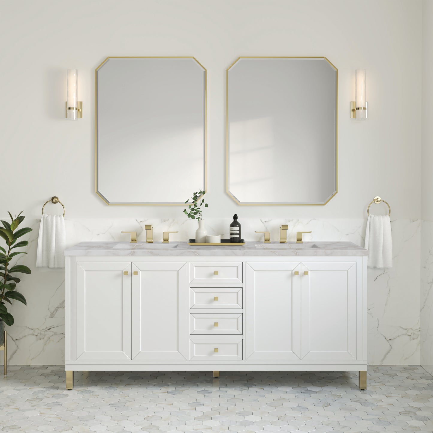James Martin Vanities Chicago 72" Glossy White Double Vanity With 3cm Victorian Silver Silestone Top With FreePower Wireless Charger