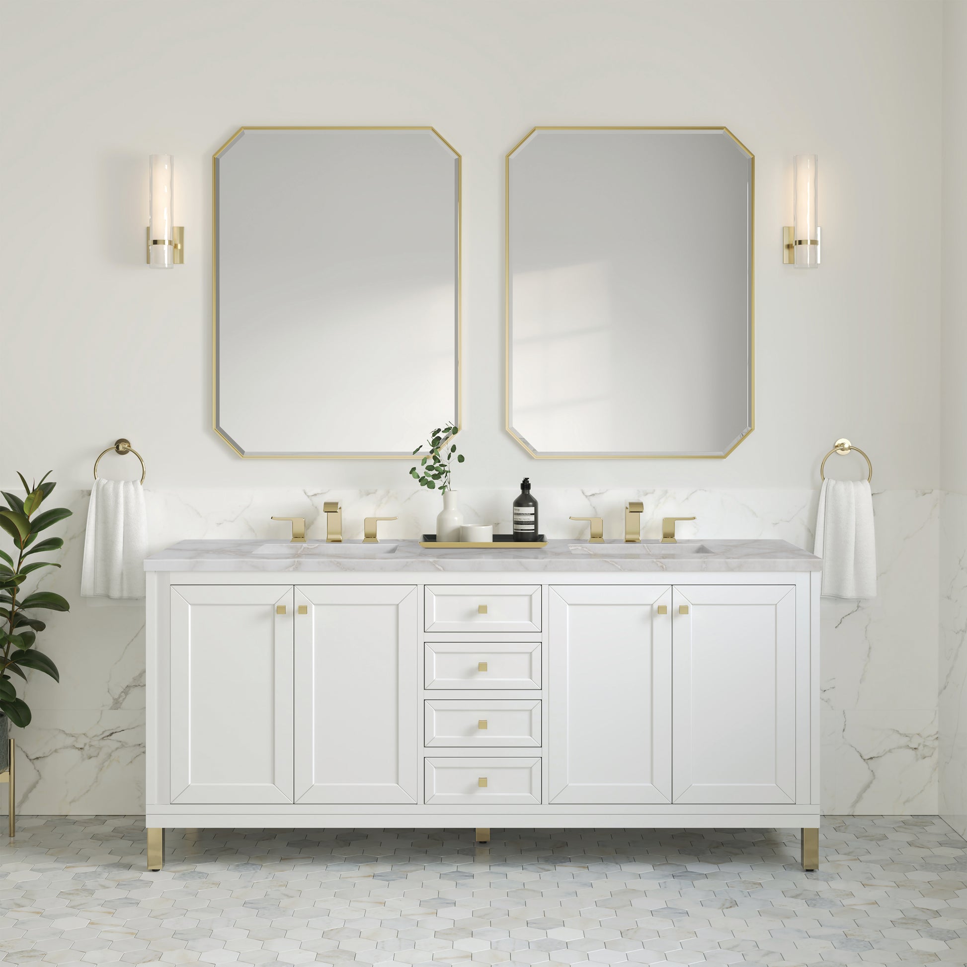 James Martin Vanities Chicago 72" Glossy White Double Vanity With 3cm Victorian Silver Silestone Top With FreePower Wireless Charger