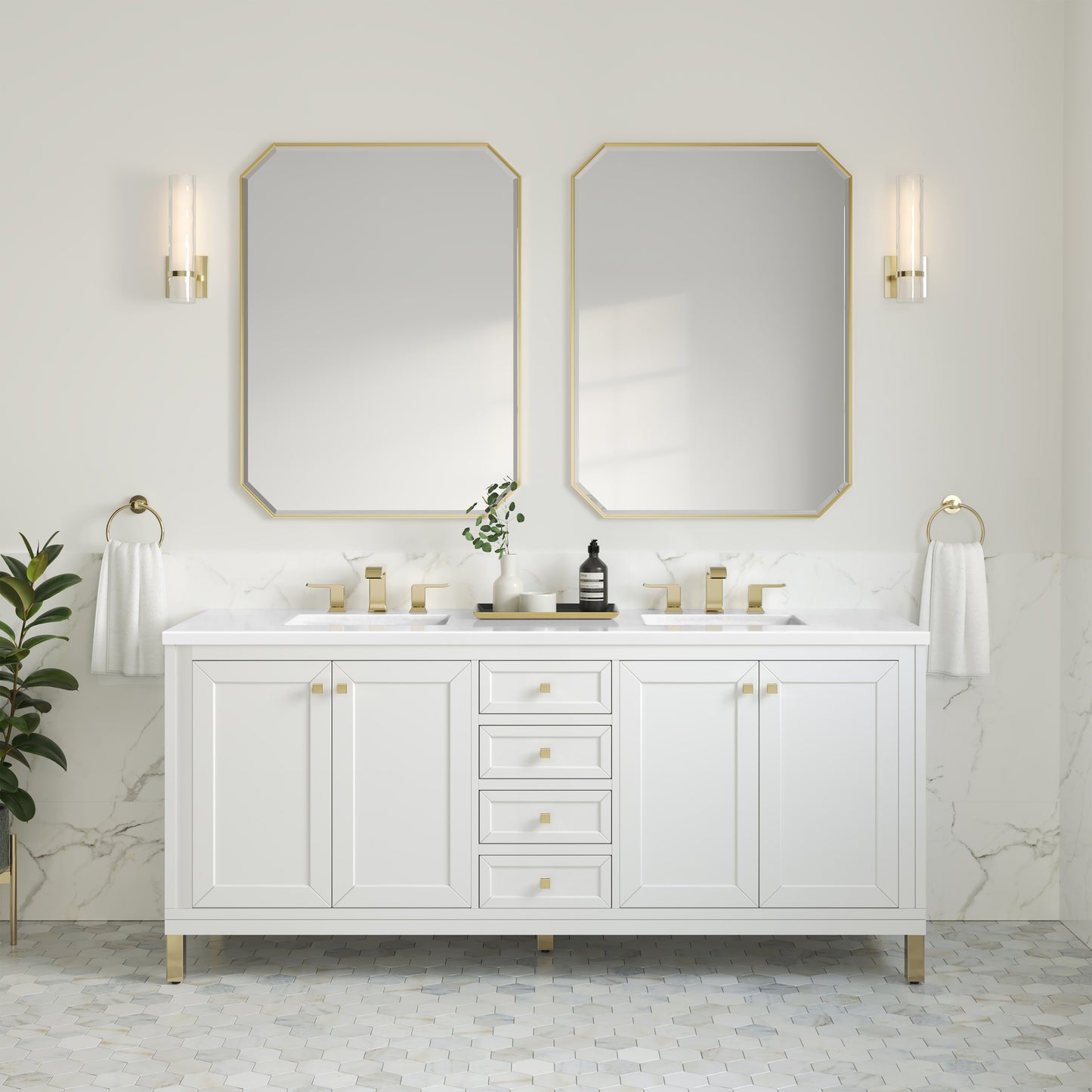 James Martin Vanities Chicago 72" Glossy White Double Vanity With 3cm White Zeus Silestone Top