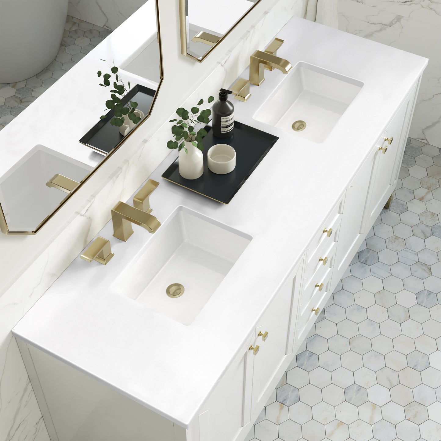 James Martin Vanities Chicago 72" Glossy White Double Vanity With 3cm White Zeus Silestone Top
