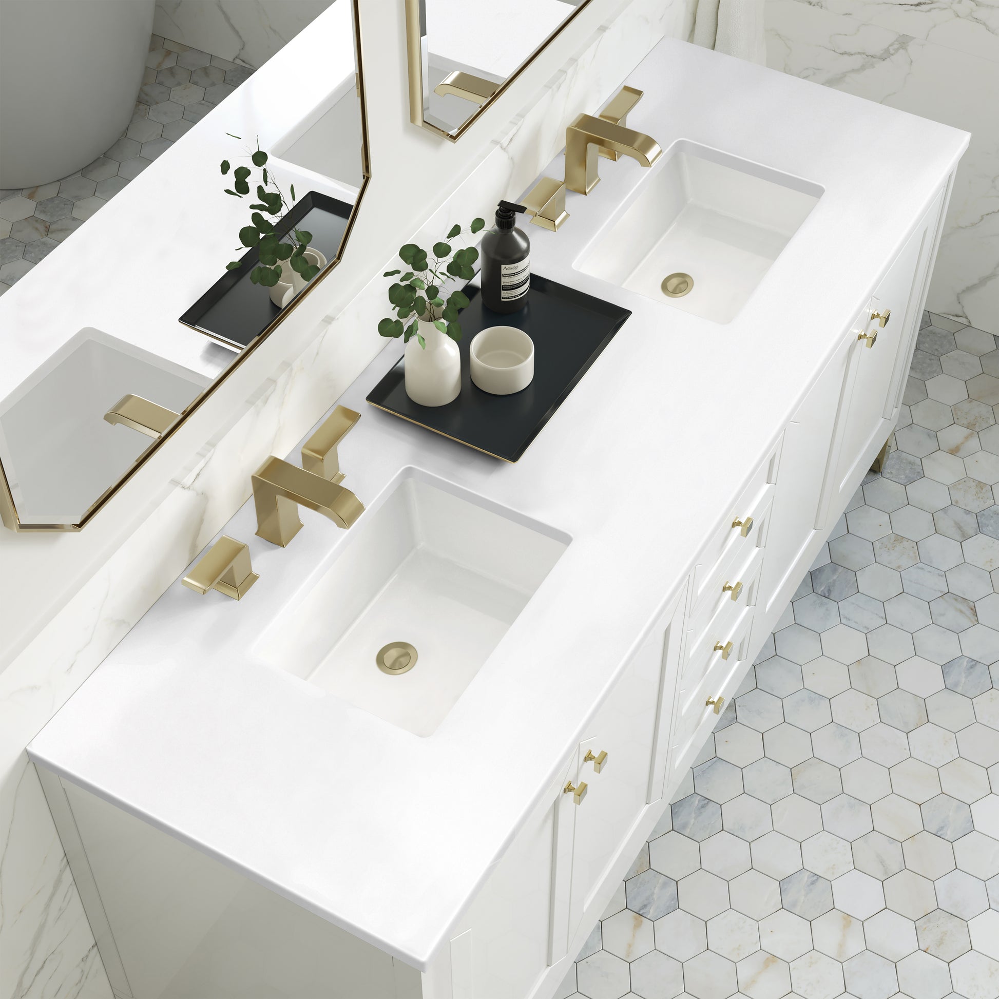 James Martin Vanities Chicago 72" Glossy White Double Vanity With 3cm White Zeus Silestone Top