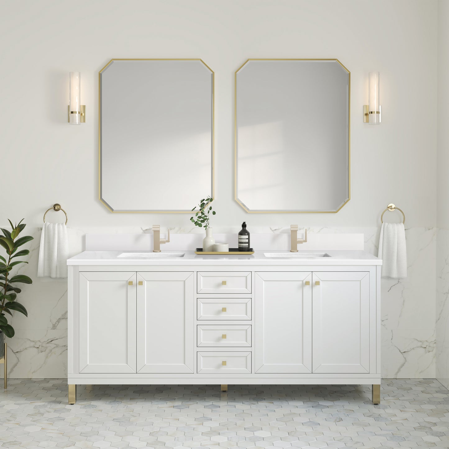 James Martin Vanities Chicago 72" Glossy White Double Vanity With Single Hole 3cm White Zeus Silestone Top and Backsplash