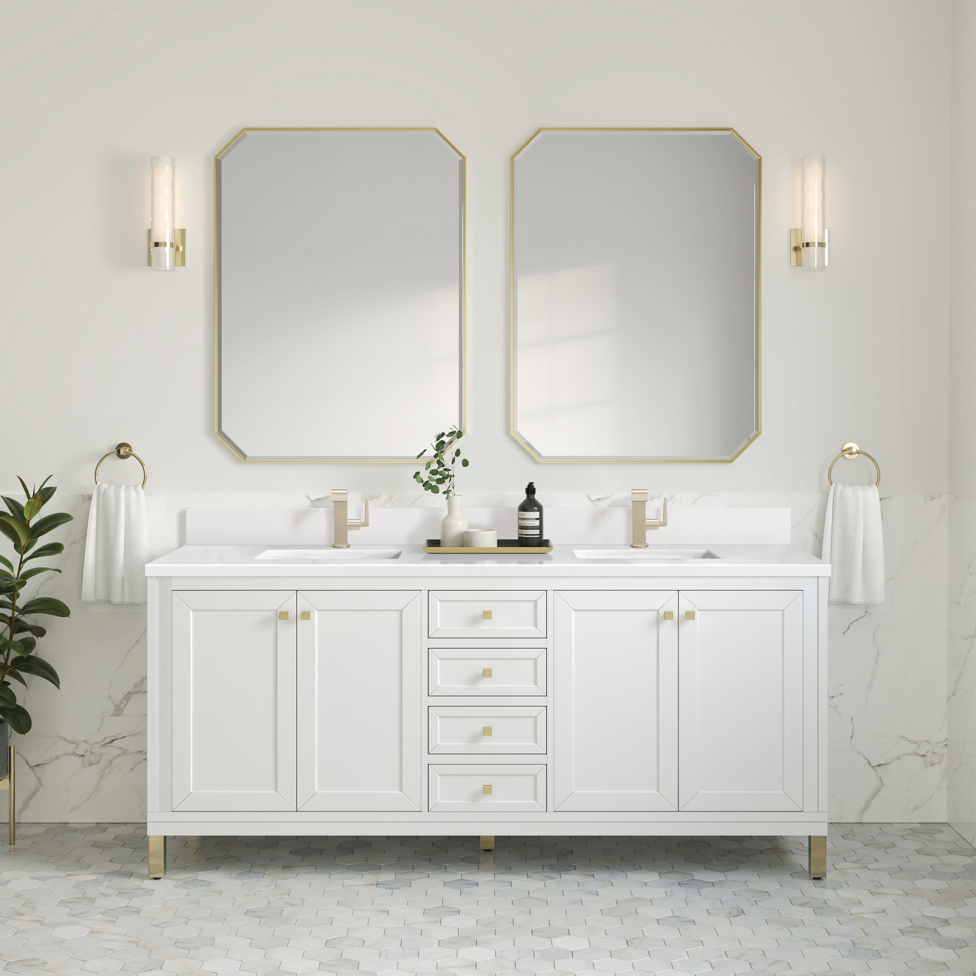 James Martin Vanities Chicago 72" Glossy White Double Vanity With Single Hole 3cm White Zeus Silestone Top and Backsplash