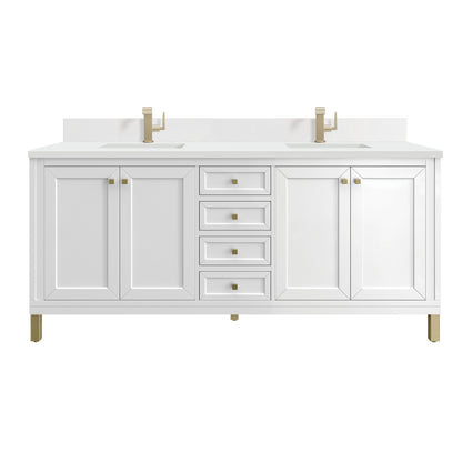 James Martin Vanities Chicago 72" Glossy White Double Vanity With Single Hole 3cm White Zeus Silestone Top and Backsplash