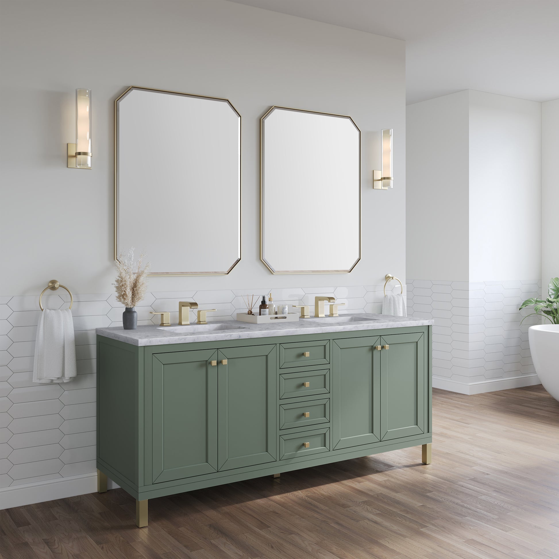 James Martin Vanities Chicago 72" Smokey Celadon Double Vanity With 3 cm Carrara Marble Top