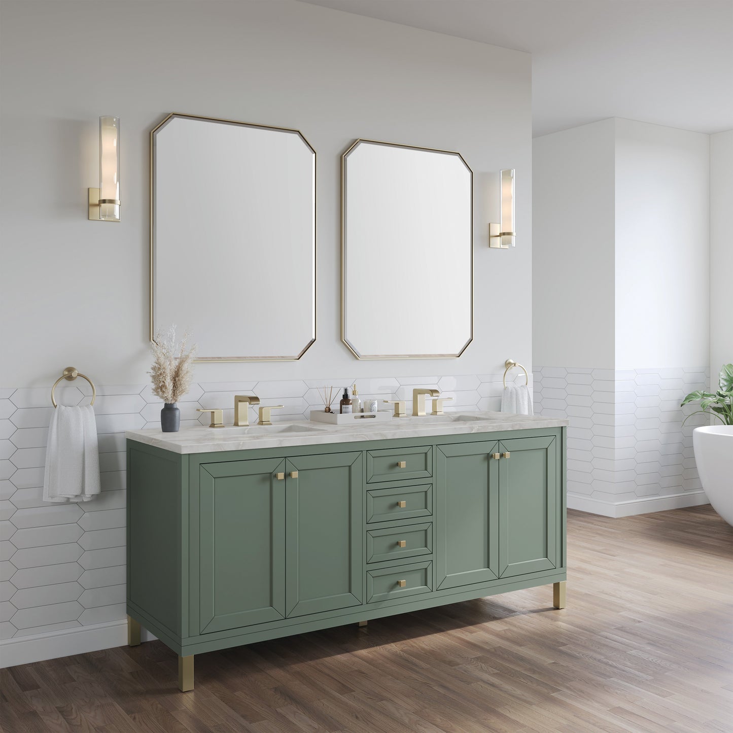 James Martin Vanities Chicago 72" Smokey Celadon Double Vanity With 3 cm Victorian Silver Top