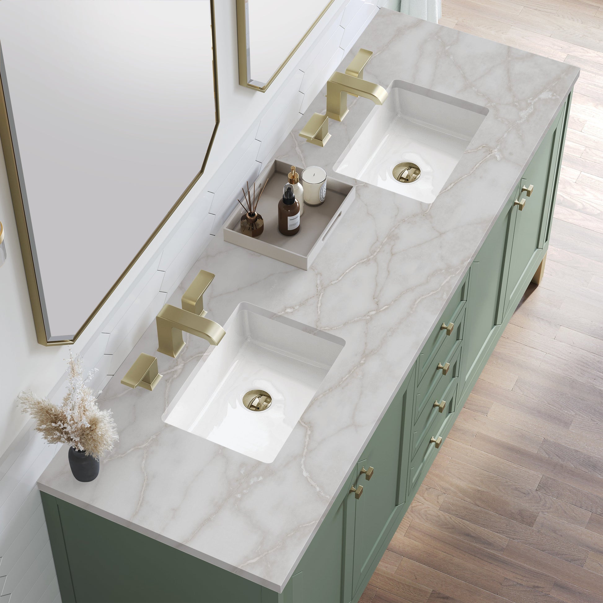 James Martin Vanities Chicago 72" Smokey Celadon Double Vanity With 3 cm Victorian Silver Top