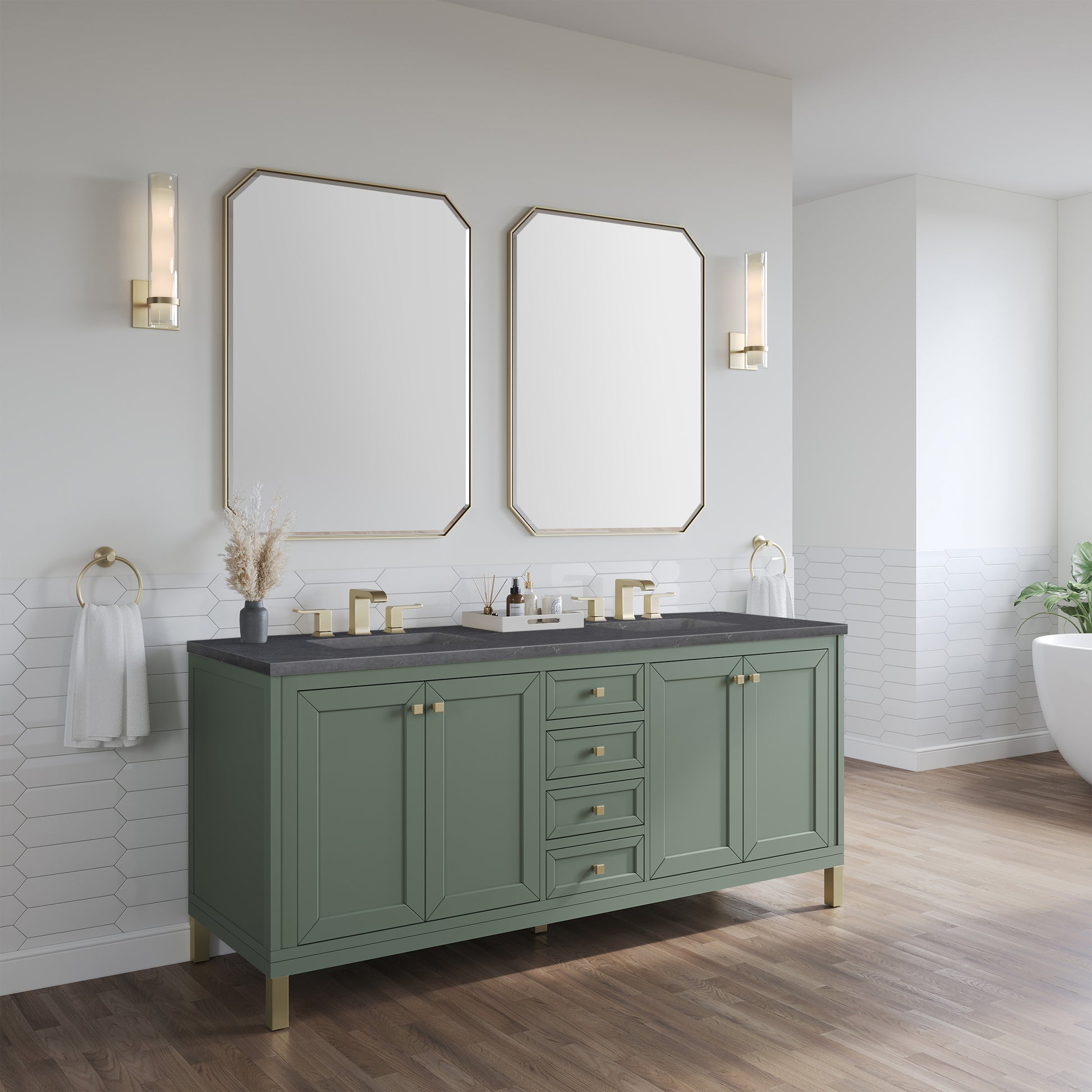 James Martin Vanities Chicago 72" Smokey Celadon Double Vanity With 3cm Charcoal Soapstone Silestone Top