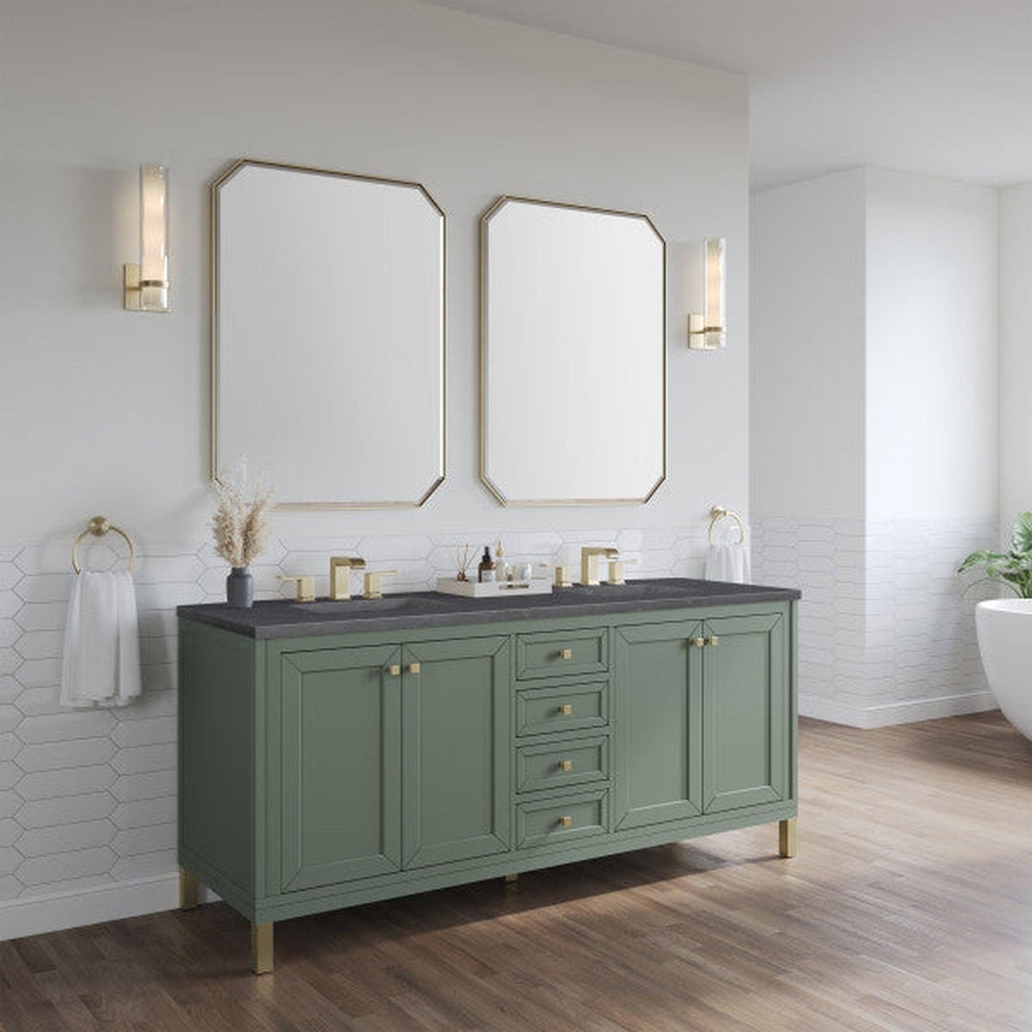 James Martin Vanities Chicago 72" Smokey Celadon Double Vanity With 3cm Charcoal Soapstone Top