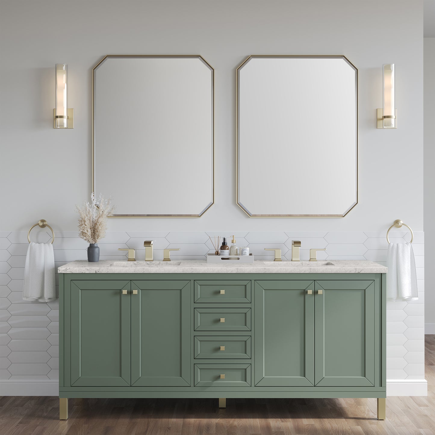 James Martin Vanities Chicago 72" Smokey Celadon Double Vanity With 3cm Eternal Jasmine Pearl Silestone Top With FreePower Wireless Charger