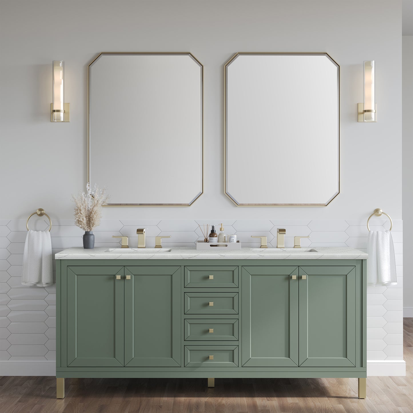 James Martin Vanities Chicago 72" Smokey Celadon Double Vanity With 3cm Ethereal Noctis Silestone Top With FreePower Wireless Charger