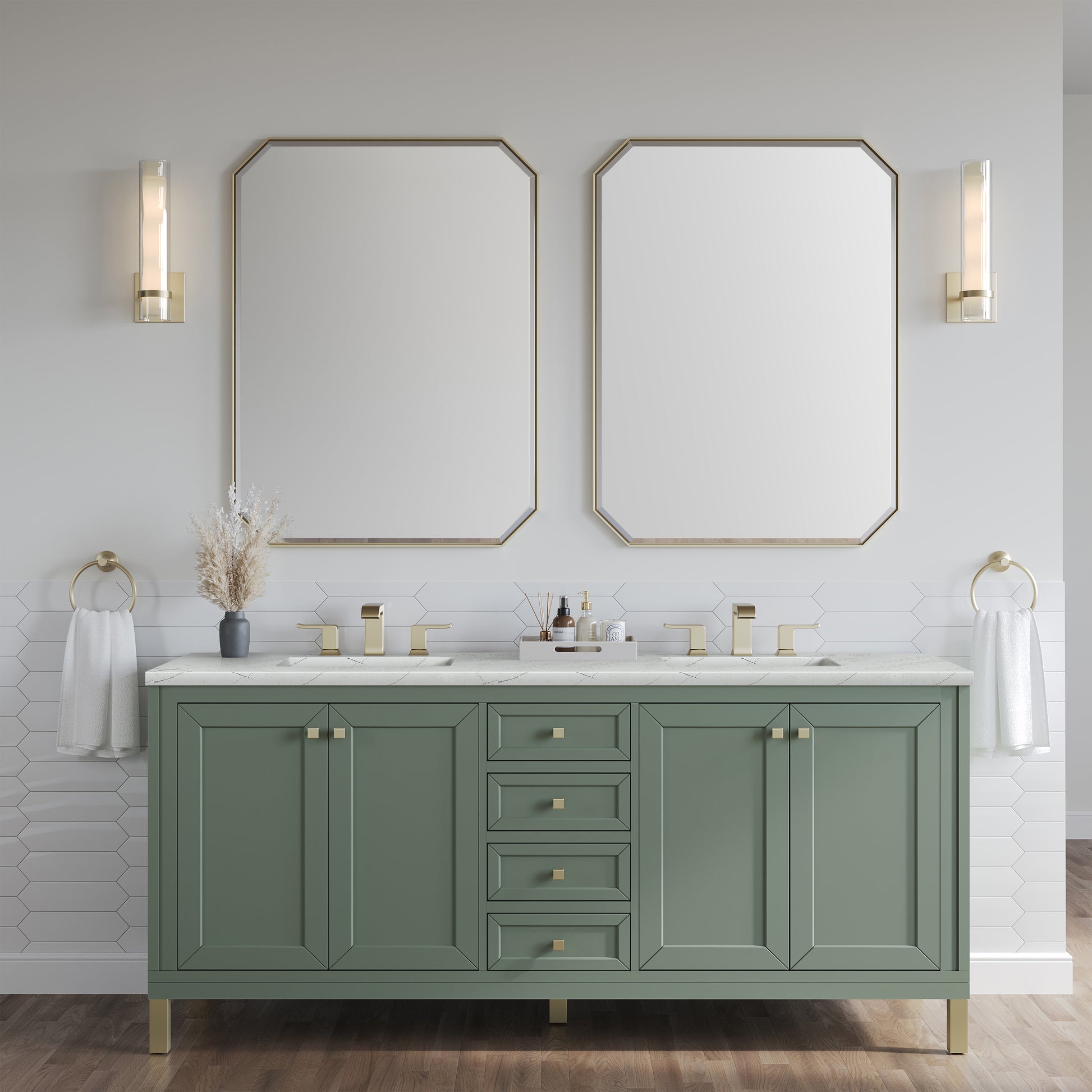 James Martin Vanities Chicago 72" Smokey Celadon Double Vanity With 3cm Ethereal Noctis Silestone Top With FreePower Wireless Charger