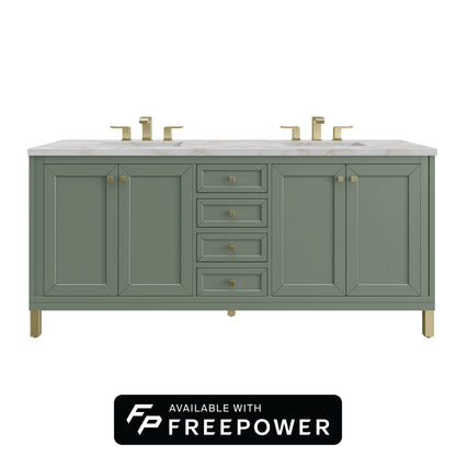 James Martin Vanities Chicago 72" Smokey Celadon Double Vanity With 3cm Victorian Silver Silestone Top With FreePower Wireless Charger