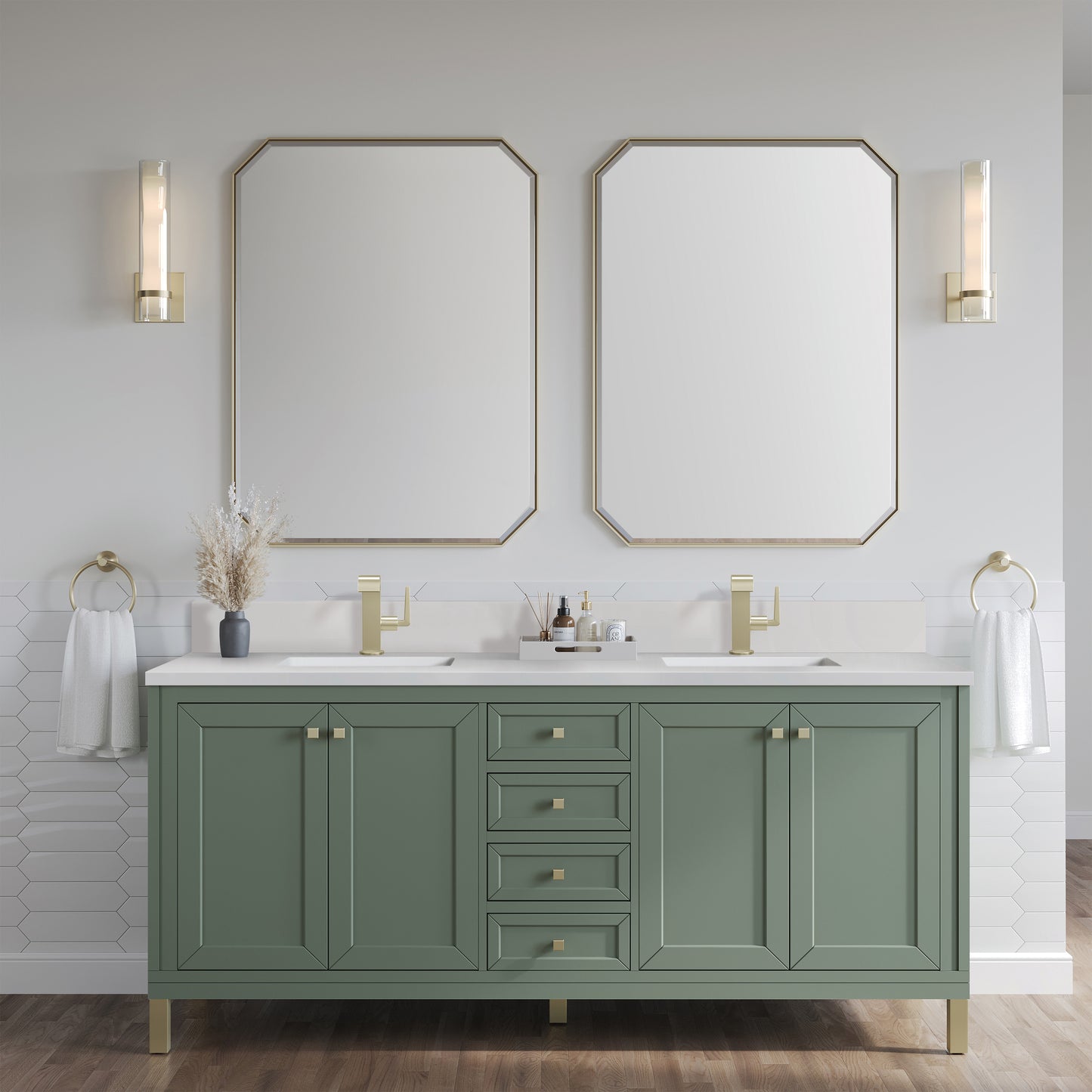 James Martin Vanities Chicago 72" Smokey Celadon Double Vanity With Single Hole 3cm White Zeus Silestone Top and Backsplash