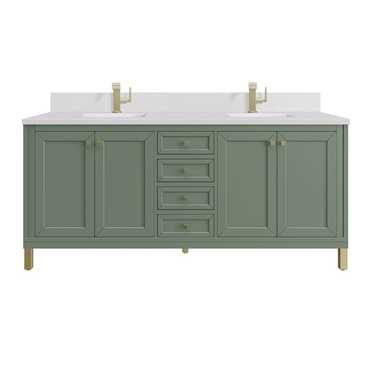 James Martin Vanities Chicago 72" Smokey Celadon Double Vanity With Single Hole 3cm White Zeus Silestone Top and Backsplash