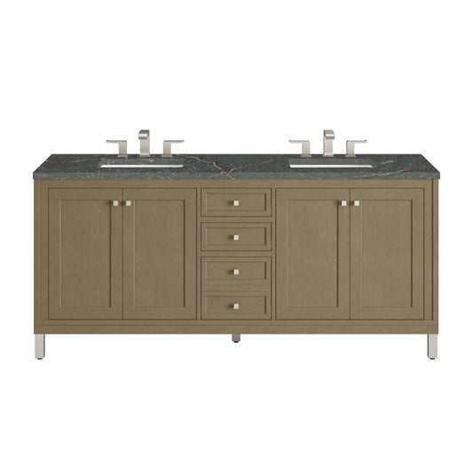 James Martin Vanities Chicago 72" Walnut Whisper Double Vanity With 3 cm Parisien Bleu Silestone Top