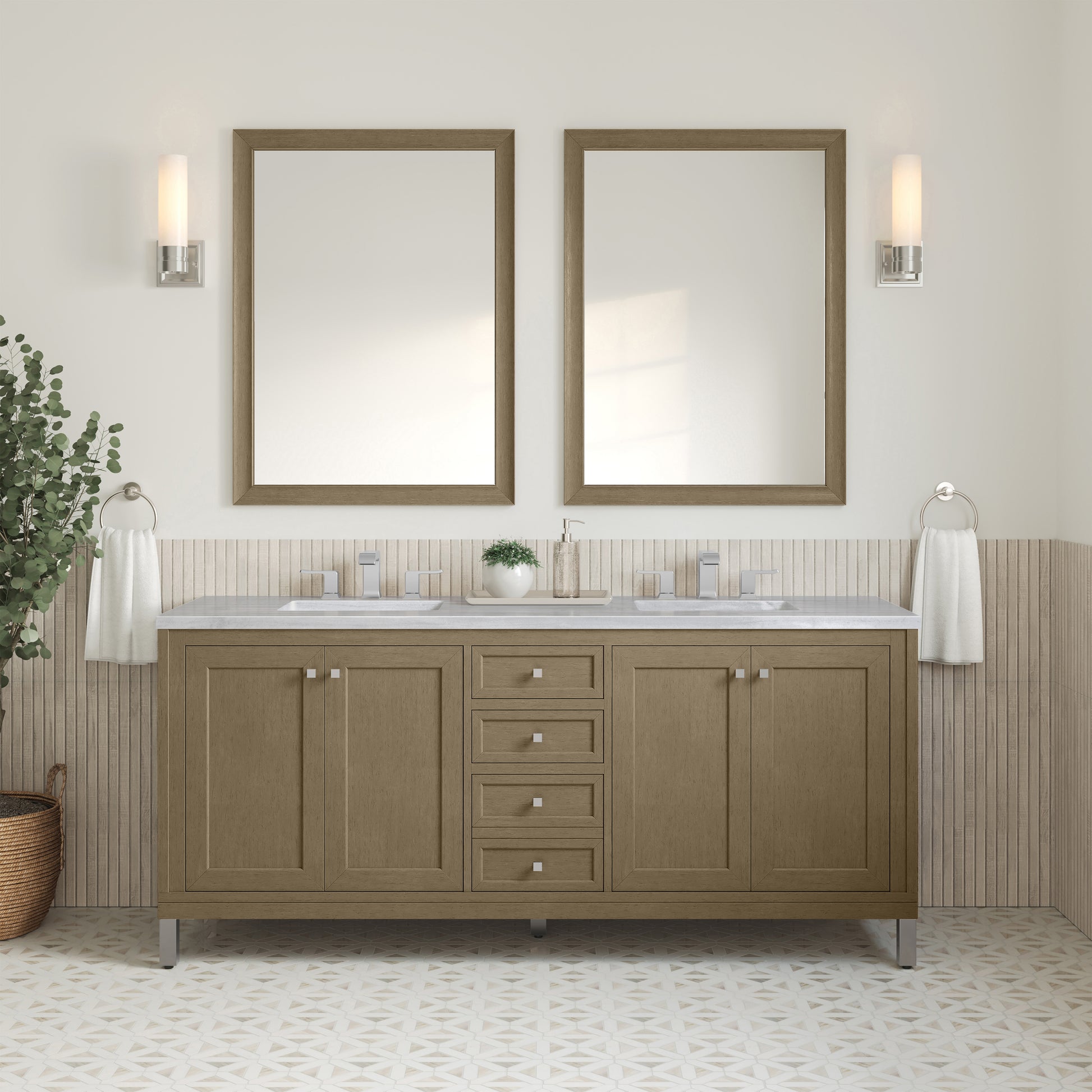 James Martin Vanities Chicago 72" Walnut Whisper Double Vanity With 3cm Arctic Fall Solid Surface Top