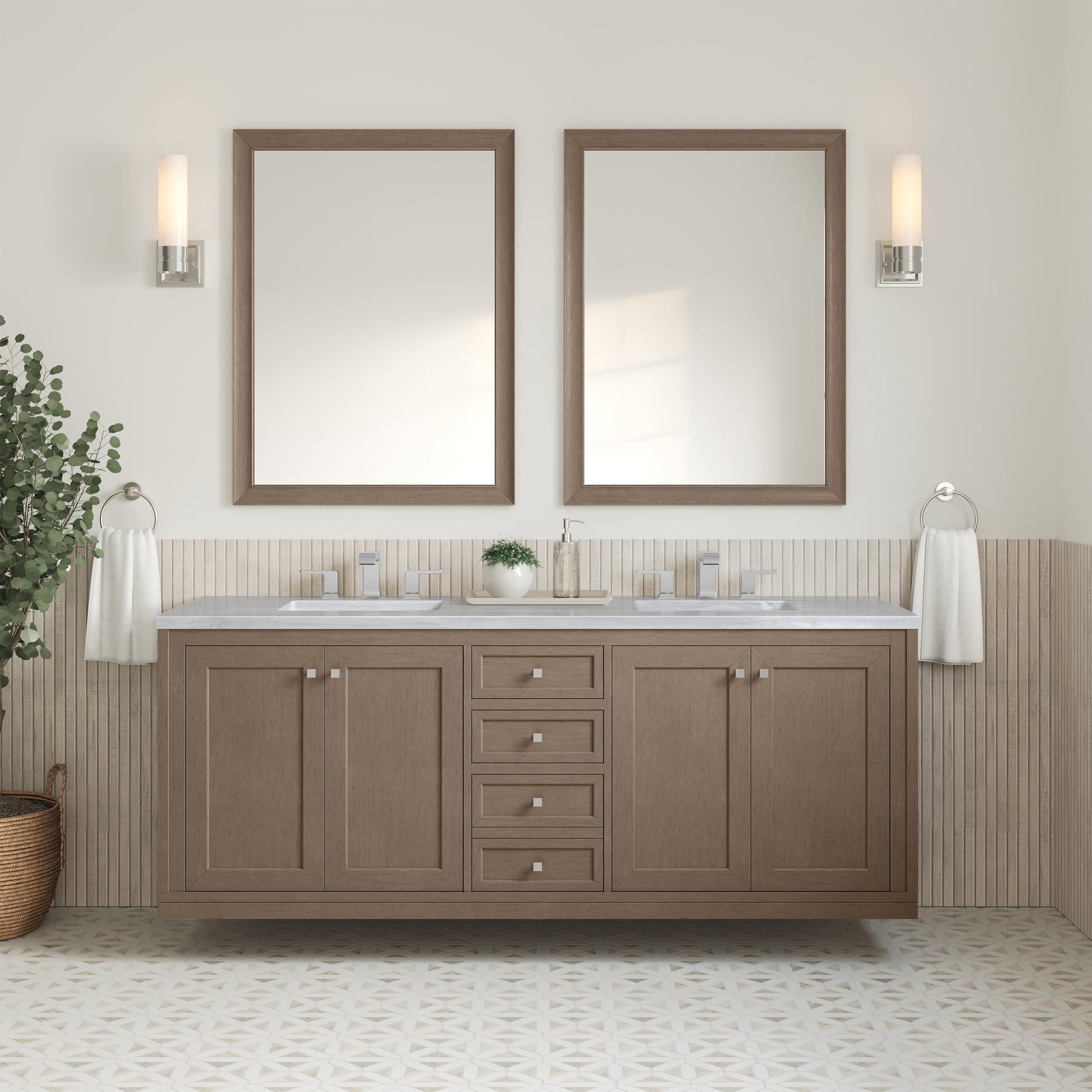 James Martin Vanities Chicago 72" Walnut Whisper Double Vanity With 3cm Arctic Fall Solid Surface Top