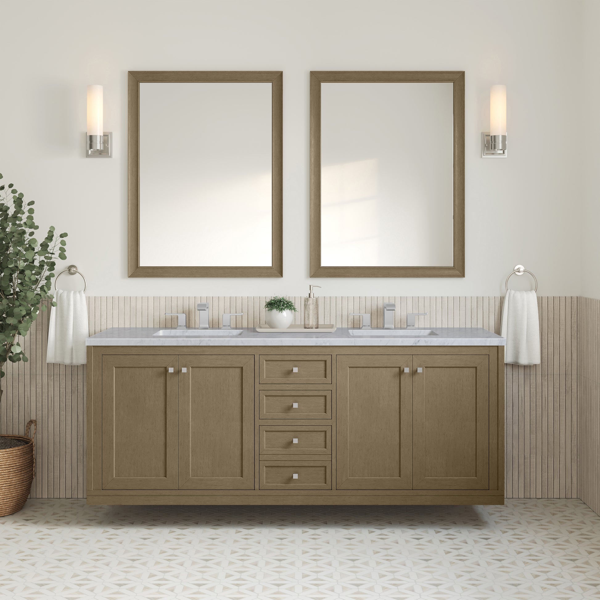 James Martin Vanities Chicago 72" Walnut Whisper Double Vanity With 3cm Carrara Marble Top