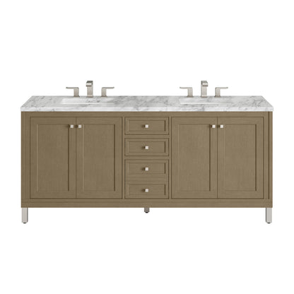 James Martin Vanities Chicago 72" Walnut Whisper Double Vanity With 3cm Carrara Marble Top