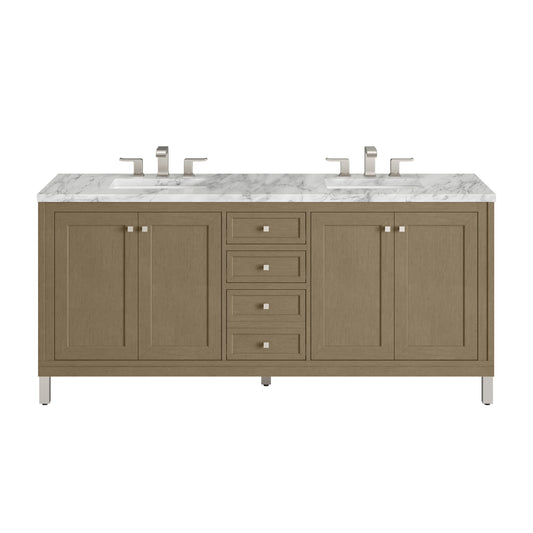 James Martin Vanities Chicago 72" Walnut Whisper Double Vanity With 3cm Carrara Marble Top