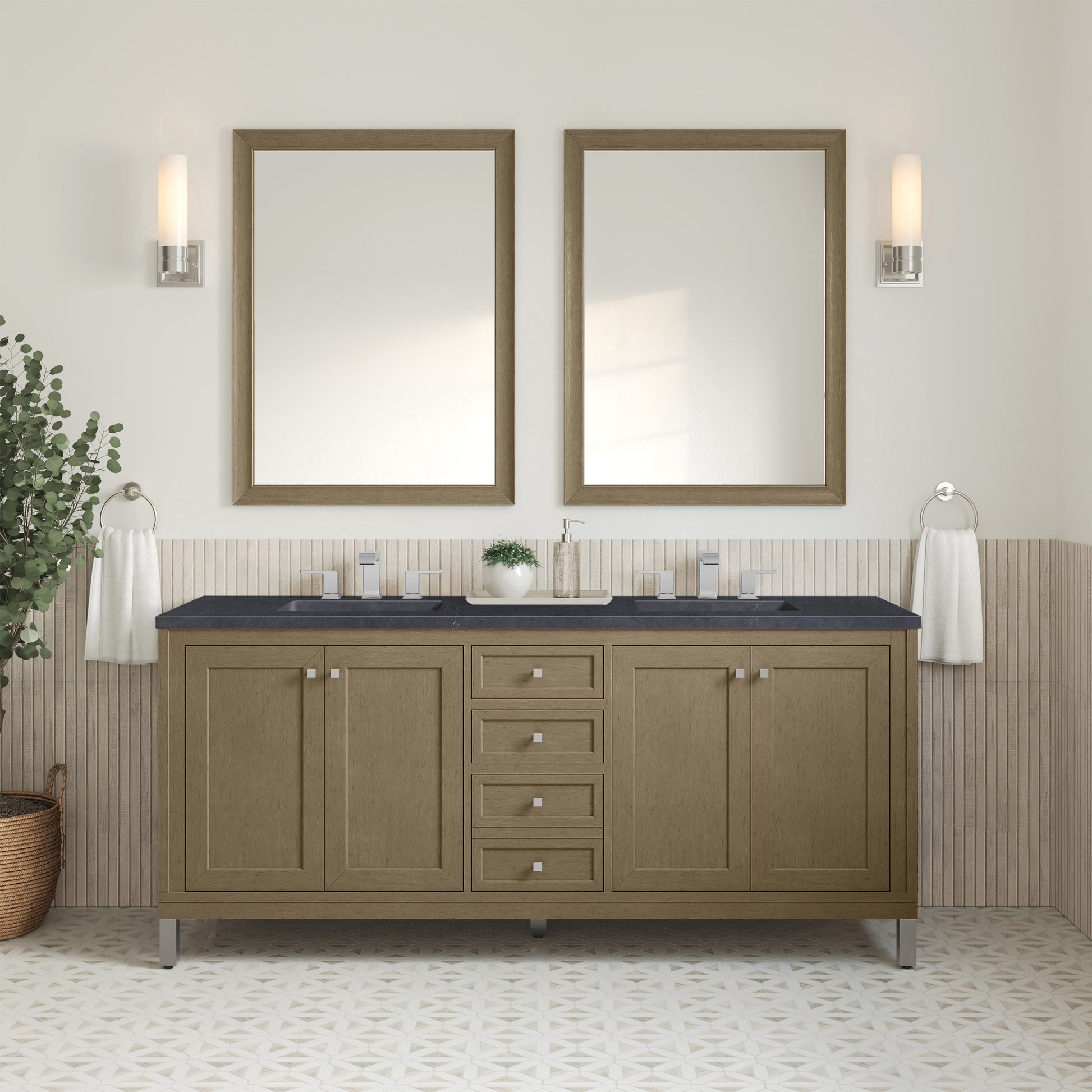 James Martin Vanities Chicago 72" Walnut Whisper Double Vanity With 3cm Charcoal Soapstone Silestone Top
