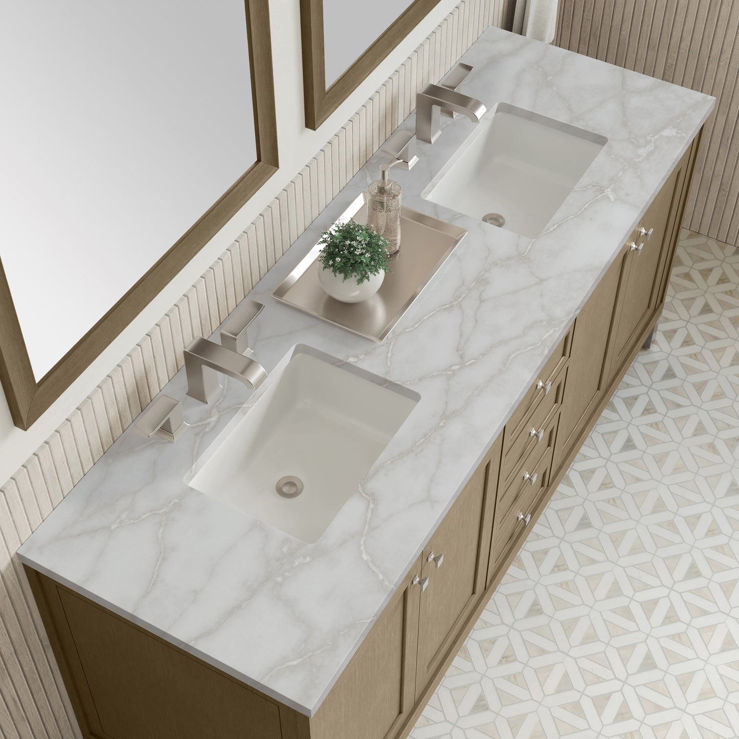 James Martin Vanities Chicago 72" Walnut Whisper Double Vanity With 3cm Victorian Silver Silestone Top With FreePower Wireless Charger