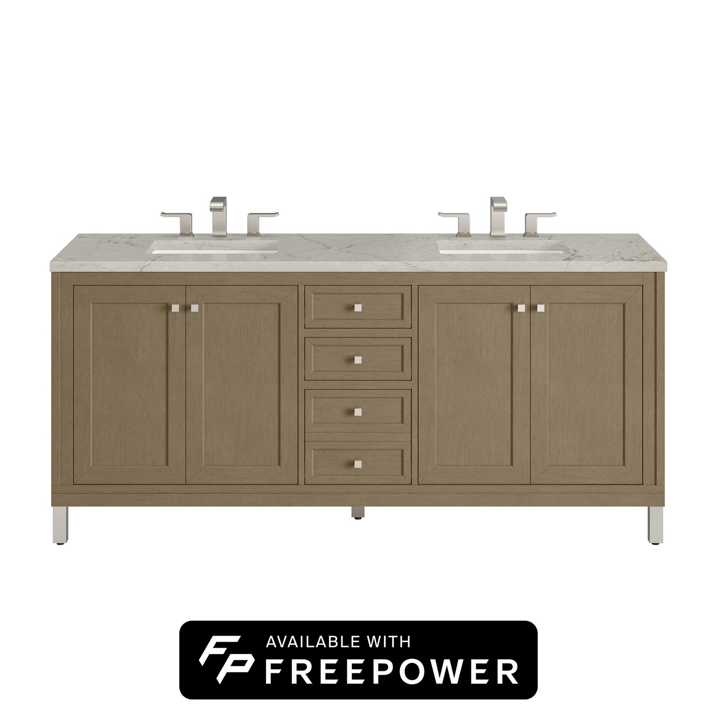 James Martin Vanities Chicago 72" Walnut Whisper Double Vanity With 3cm Victorian Silver Silestone Top With FreePower Wireless Charger