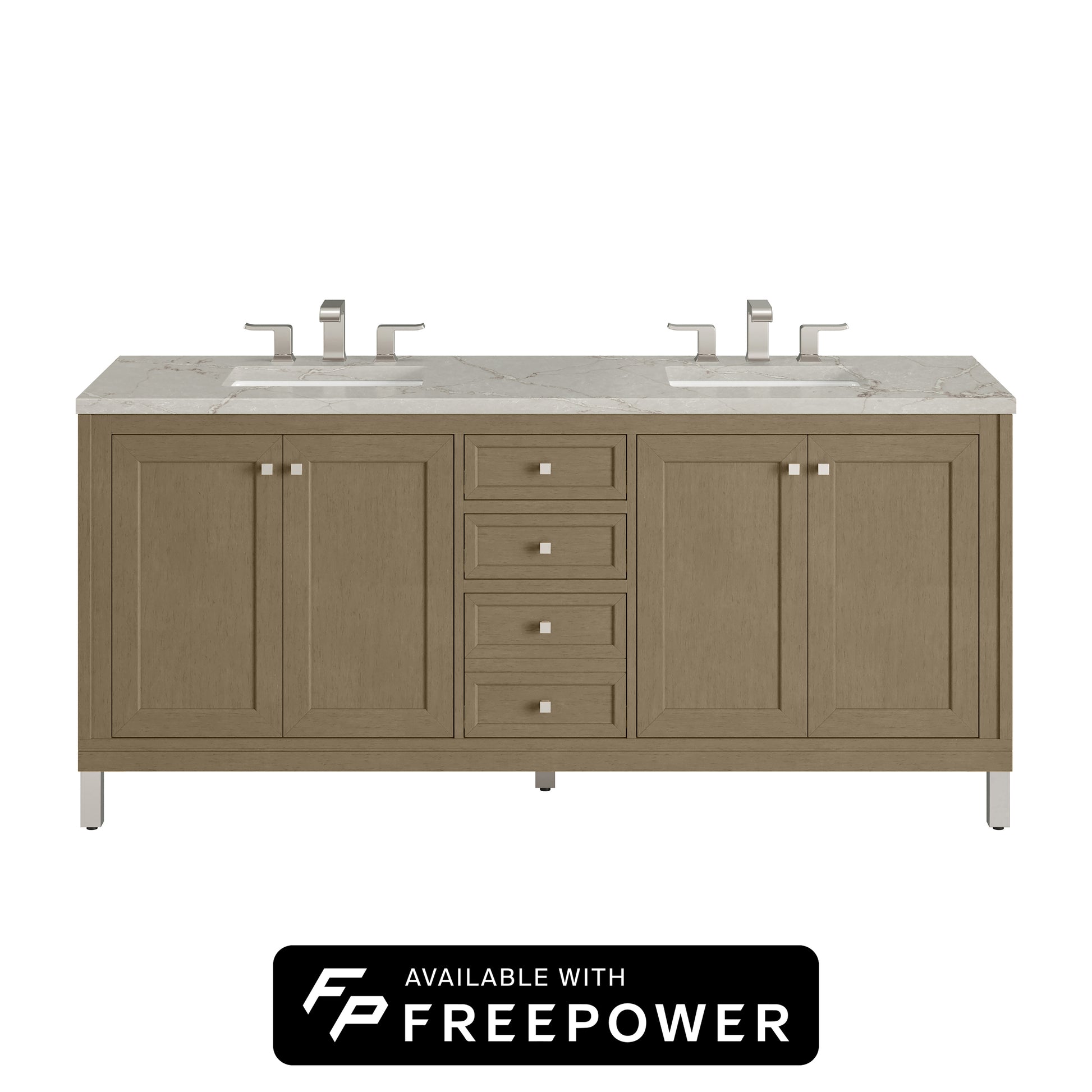 James Martin Vanities Chicago 72" Walnut Whisper Double Vanity With 3cm Victorian Silver Silestone Top With FreePower Wireless Charger