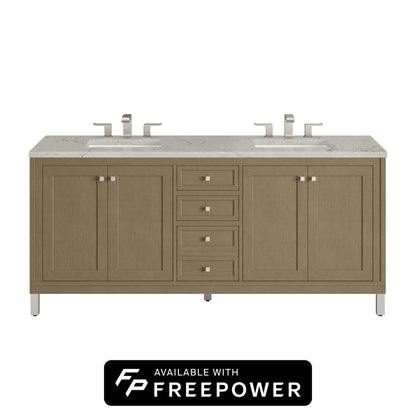 James Martin Vanities Chicago 72" Walnut Whisper Double Vanity With 3cm Victorian Silver Silestone Top With FreePower Wireless Charger