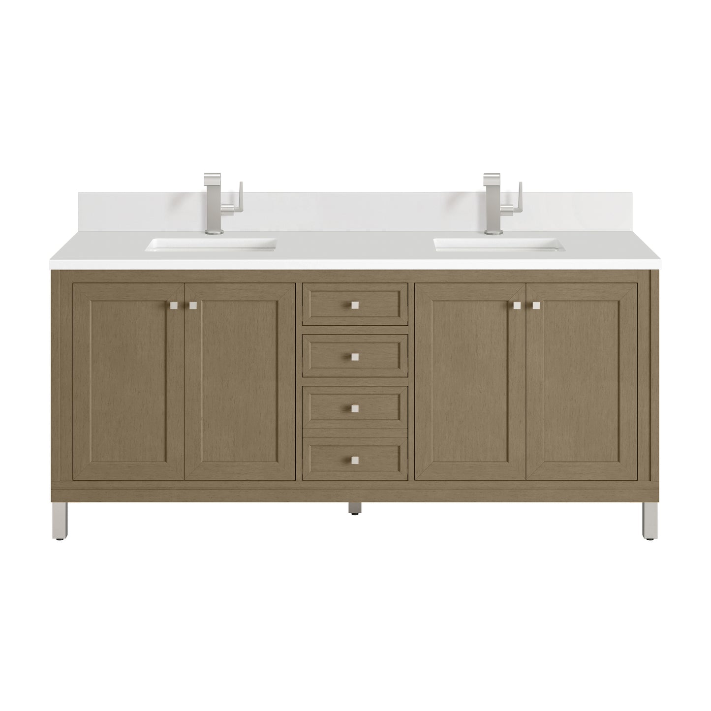 James Martin Vanities Chicago 72" Walnut Whisper Double Vanity With Single Hole 3cm White Zeus Silestone Top and Backsplash
