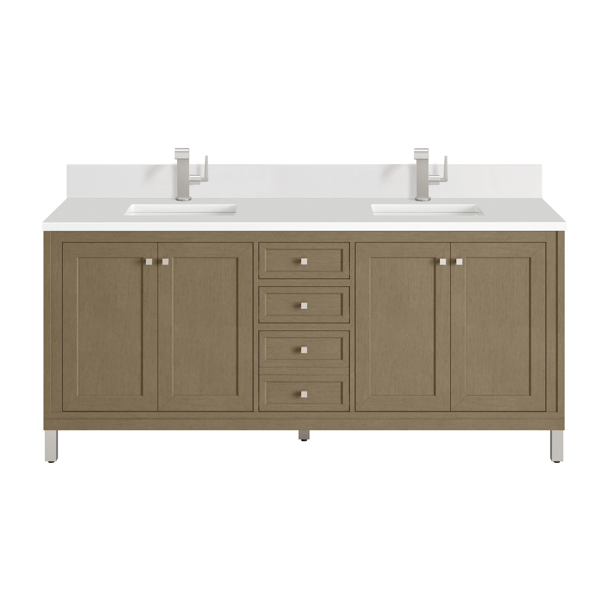 James Martin Vanities Chicago 72" Walnut Whisper Double Vanity With Single Hole 3cm White Zeus Silestone Top and Backsplash