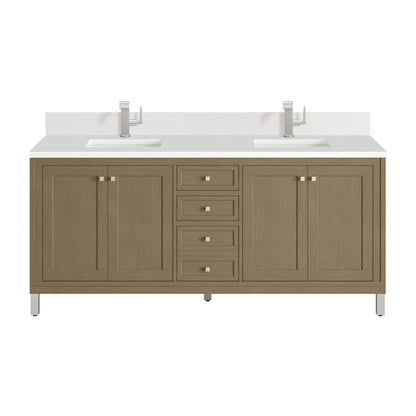 James Martin Vanities Chicago 72" Walnut Whisper Double Vanity With Single Hole 3cm White Zeus Silestone Top and Backsplash