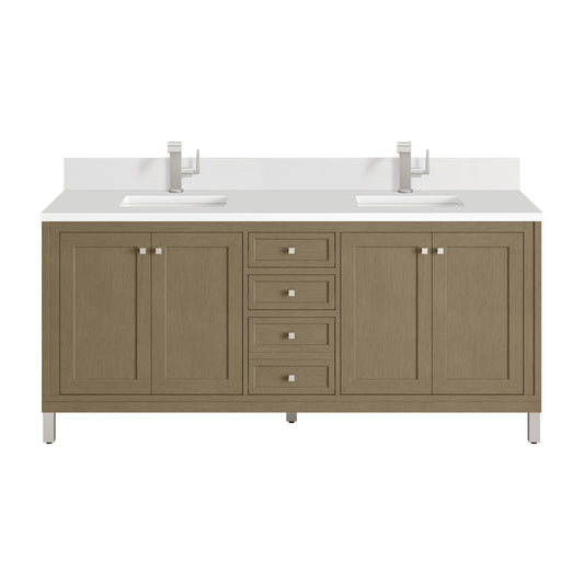 James Martin Vanities Chicago 72" Walnut Whisper Double Vanity With Single Hole 3cm White Zeus Silestone Top and Backsplash