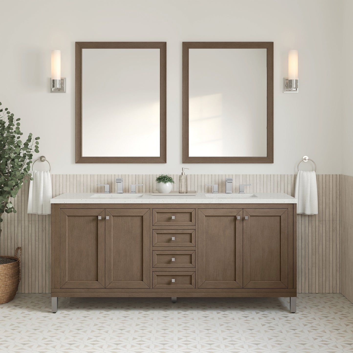 James Martin Vanities Chicago 72" Whitewashed Walnut Double Vanity With 3 cm Lime Delight Quartz Top