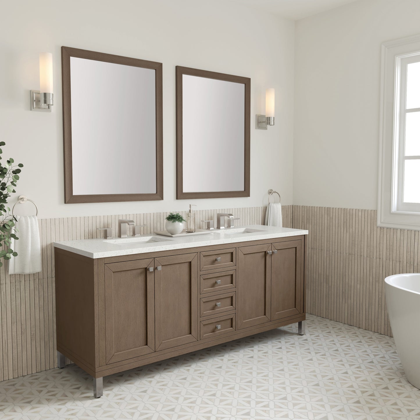 James Martin Vanities Chicago 72" Whitewashed Walnut Double Vanity With 3 cm Lime Delight Quartz Top