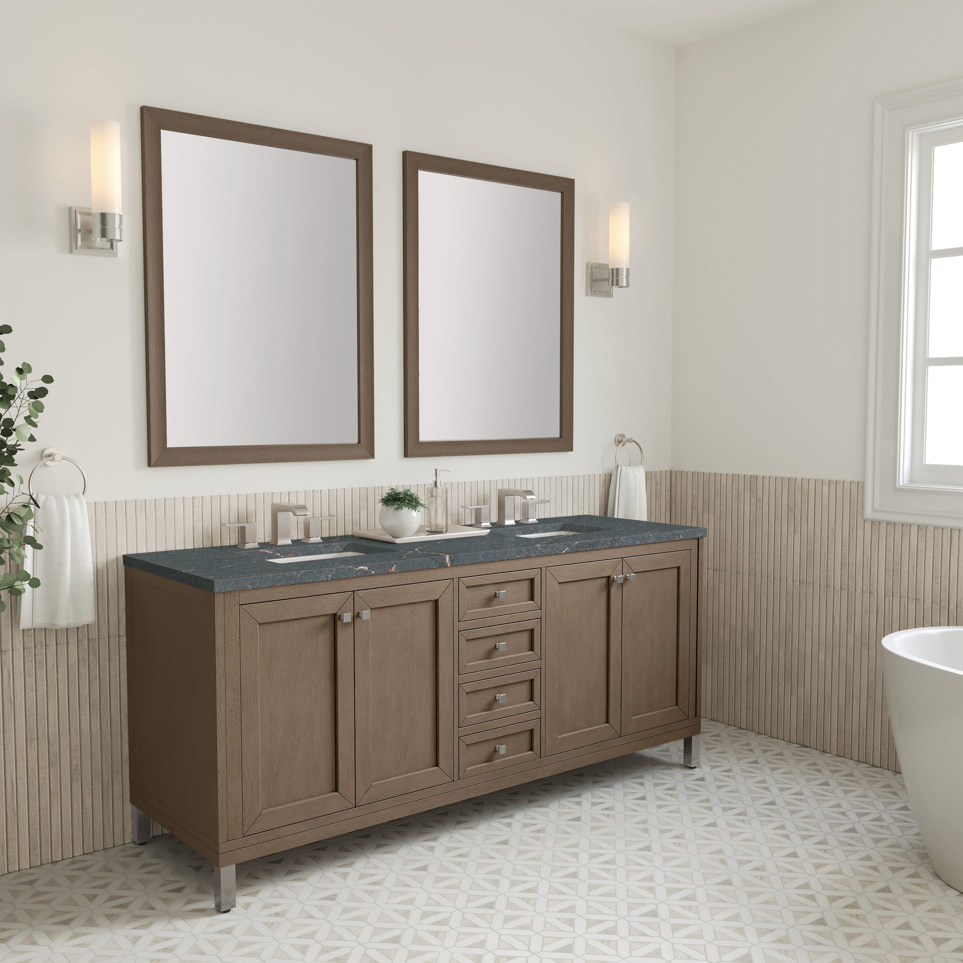 James Martin Vanities Chicago 72" Whitewashed Walnut Double Vanity With 3 cm Parisien Bleu Quartz Top