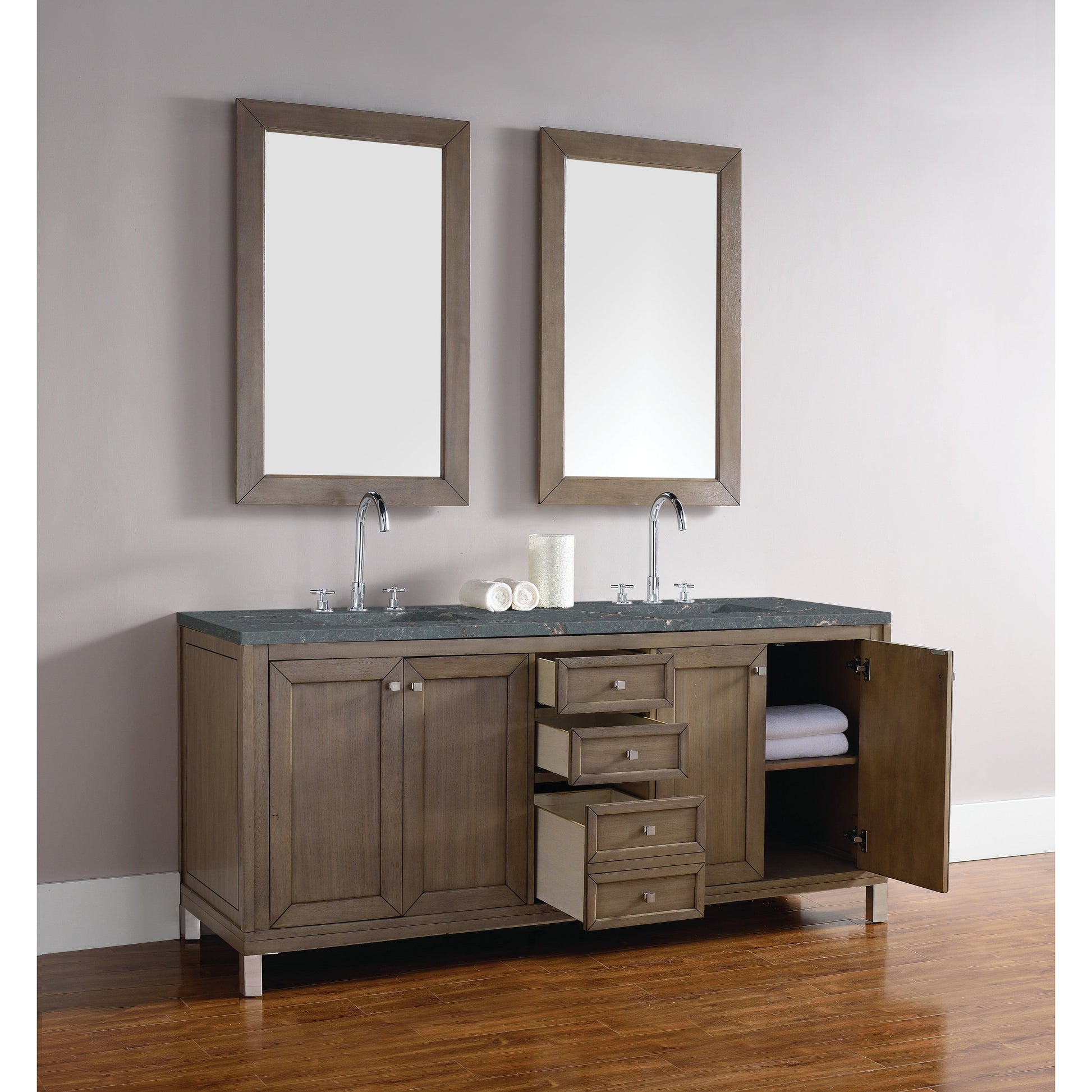 James Martin Vanities Chicago 72" Whitewashed Walnut Double Vanity With 3 cm Parisien Bleu Quartz Top