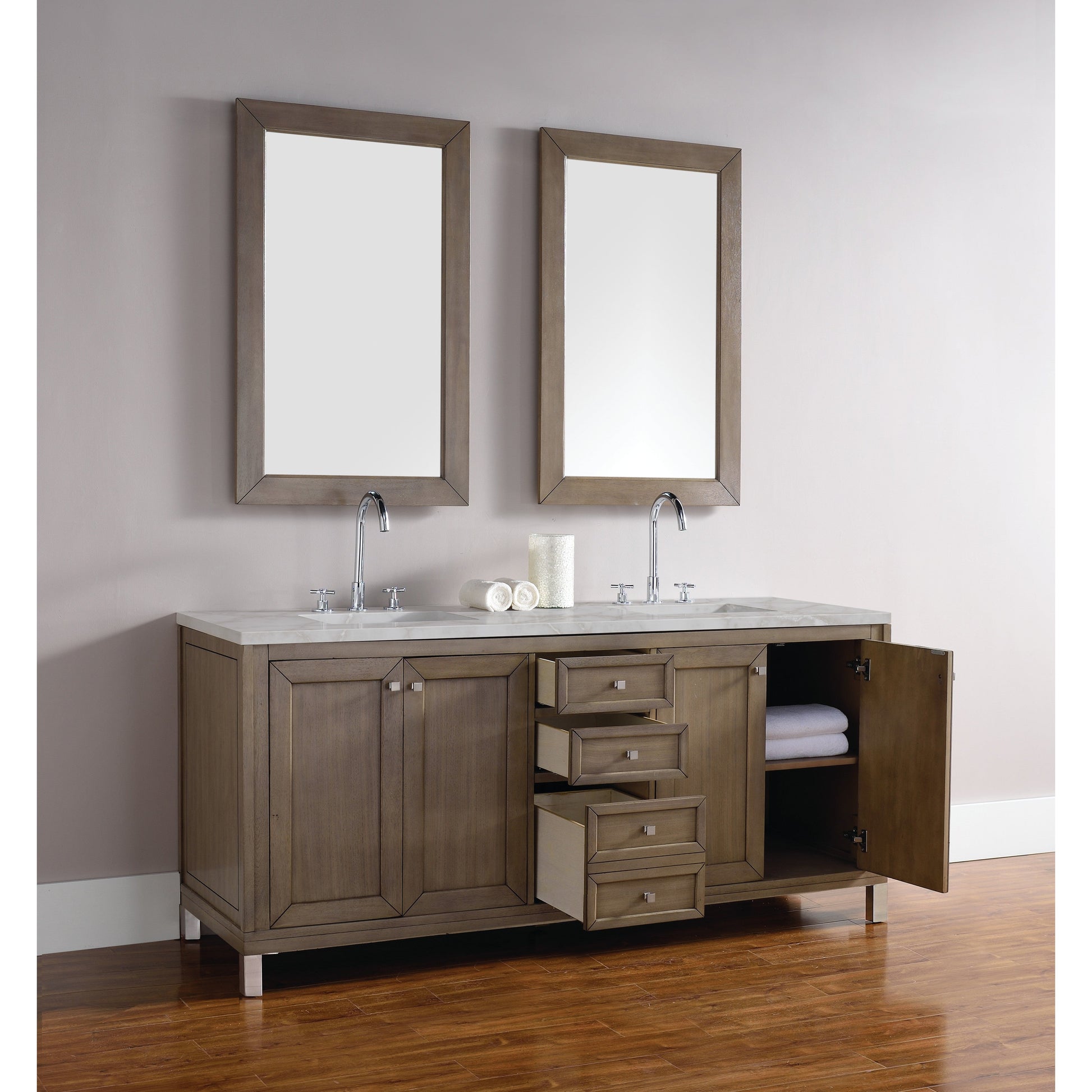 James Martin Vanities Chicago 72" Whitewashed Walnut Double Vanity With 3 cm Victorian Silver Quartz Top