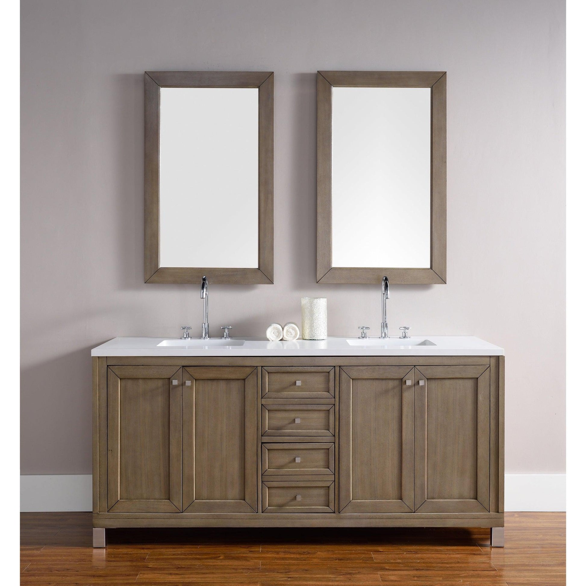 James Martin Vanities Chicago 72" Whitewashed Walnut Double Vanity With 3cm White Zeus Quartz Top