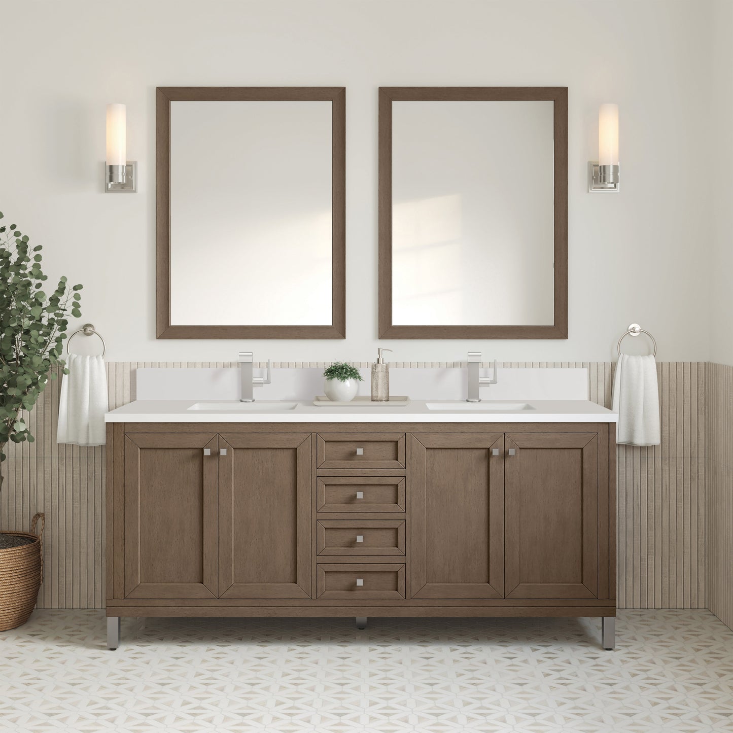 James Martin Vanities Chicago 72" Whitewashed Walnut Double Vanity With Single Hole 3 cm White Zeus Quartz Top & Backsplash