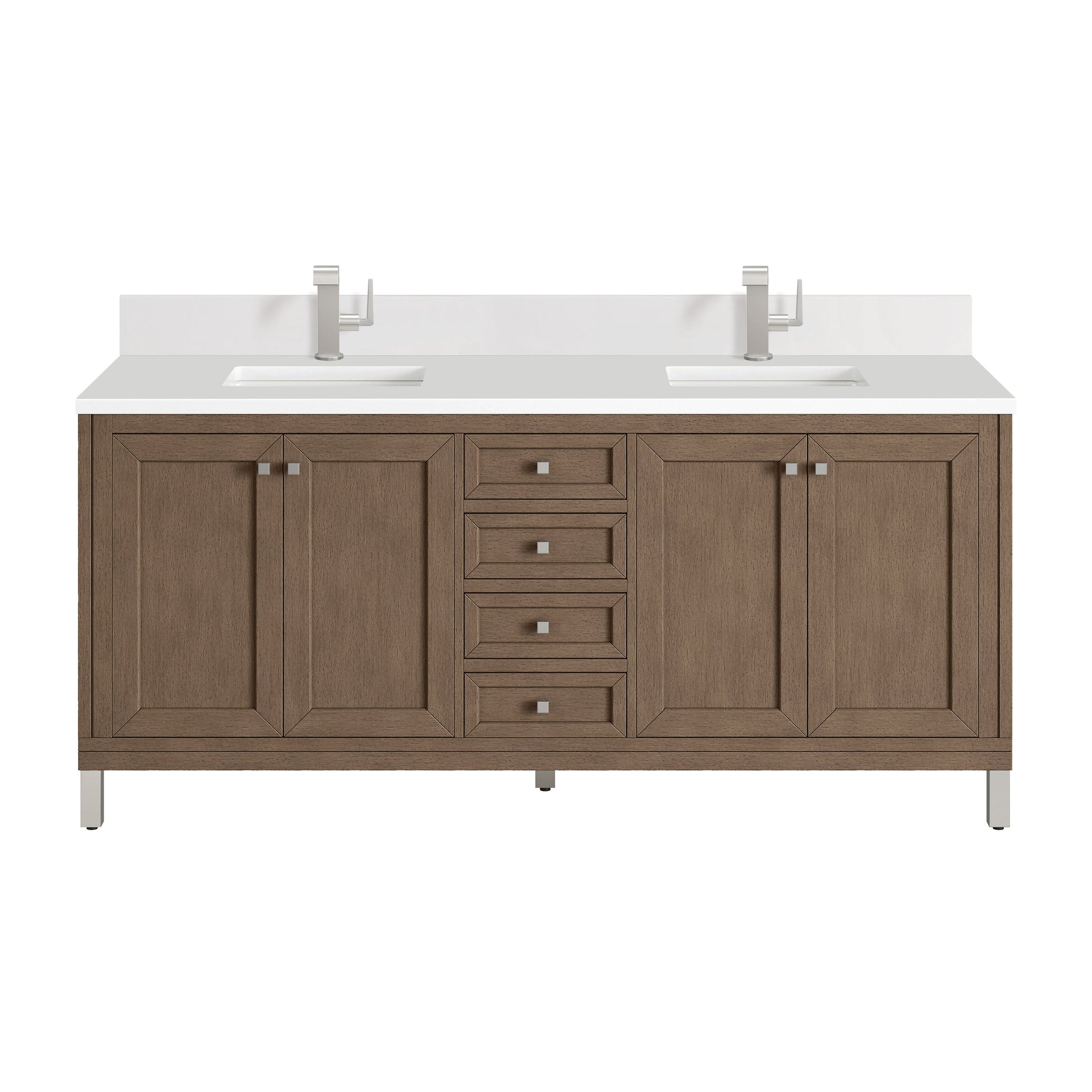 James Martin Vanities Chicago 72" Whitewashed Walnut Double Vanity With Single Hole 3 cm White Zeus Quartz Top & Backsplash