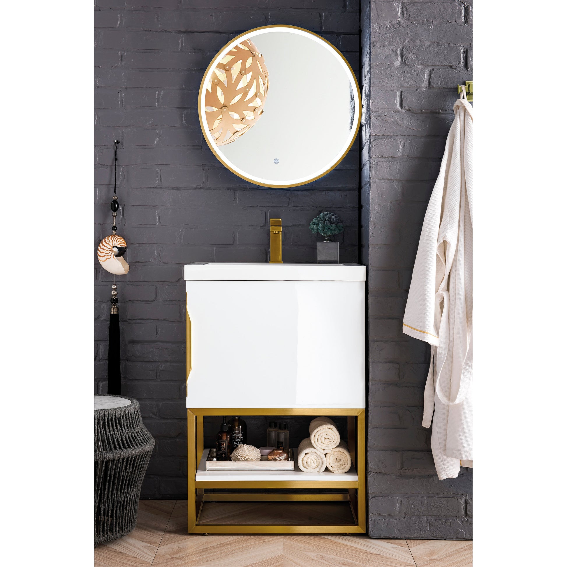 James Martin Vanities Columbia 24" Glossy White and Radiant Gold Single Vanity With White Glossy Composite Stone Top