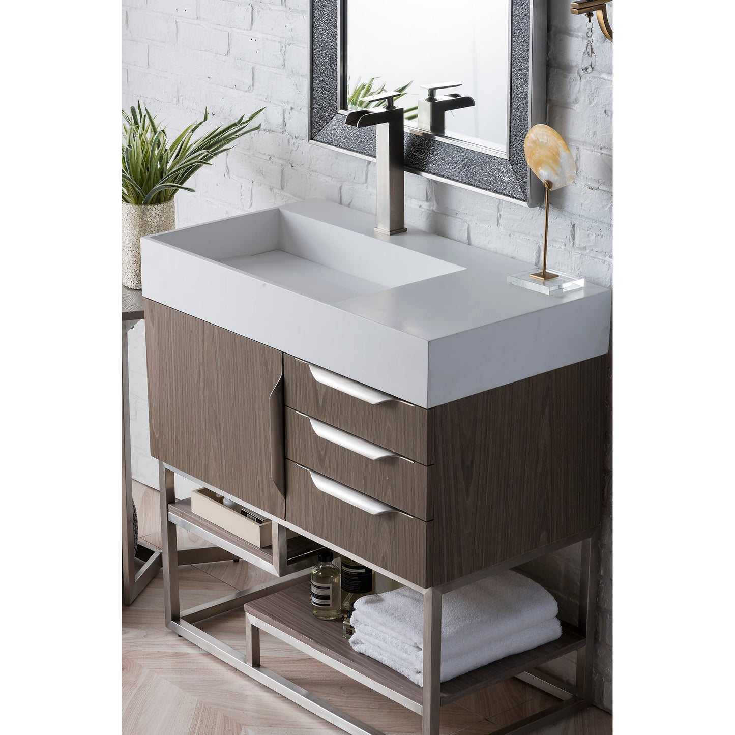 James Martin Vanities Columbia 36" Ash Gray and Brushed Nickel Single Vanity With Glossy White Composite Stone Top