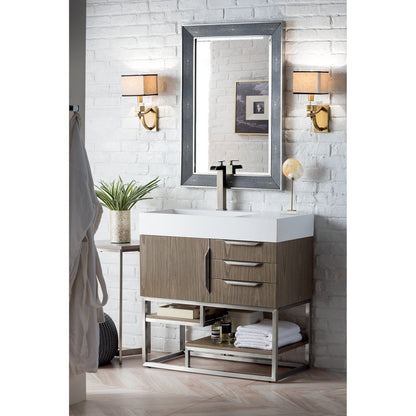 James Martin Vanities Columbia 36" Ash Gray and Brushed Nickel Single Vanity With Glossy White Composite Stone Top