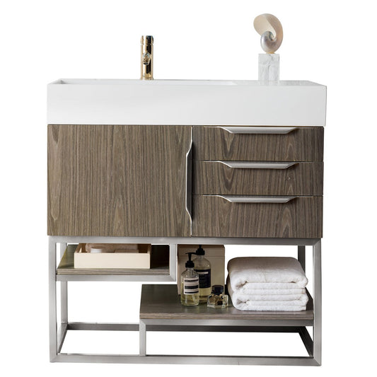 James Martin Vanities Columbia 36" Ash Gray and Brushed Nickel Single Vanity With Glossy White Composite Stone Top