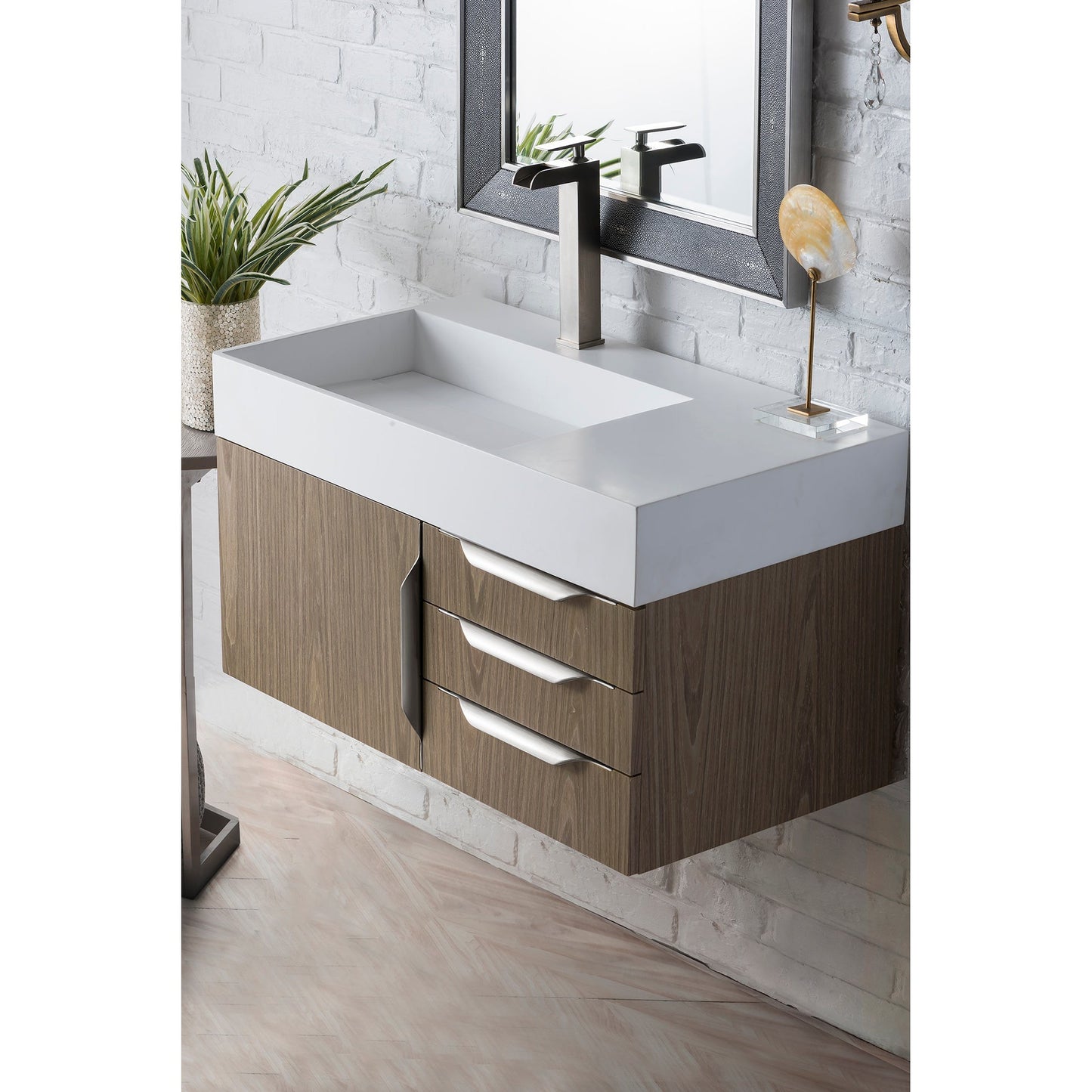 James Martin Vanities Columbia 36" Ash Gray and Brushed Nickel Single Wall Mount Vanity With Glossy White Composite Stone Top