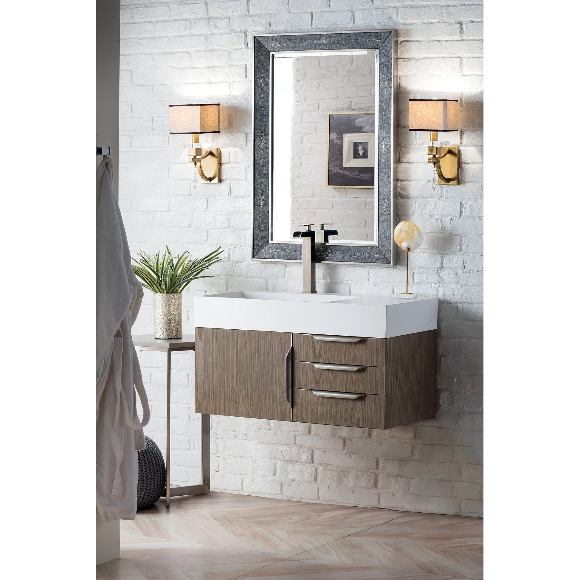 James Martin Vanities Columbia 36" Ash Gray and Brushed Nickel Single Wall Mount Vanity With Glossy White Composite Stone Top