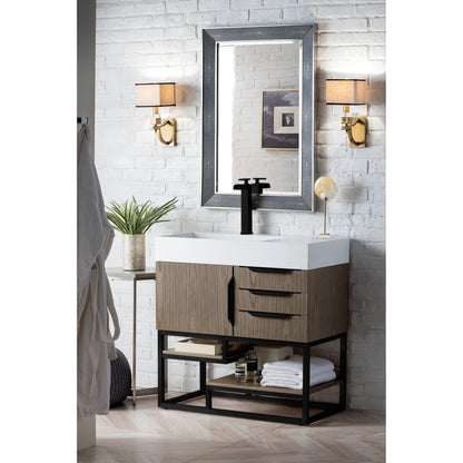 James Martin Vanities Columbia 36" Ash Gray and Matte Black Single Vanity With Glossy White Composite Stone Top